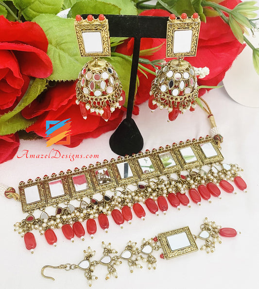 Rotes Sheesha-Halsband-Jhumki-Tikka-Set 