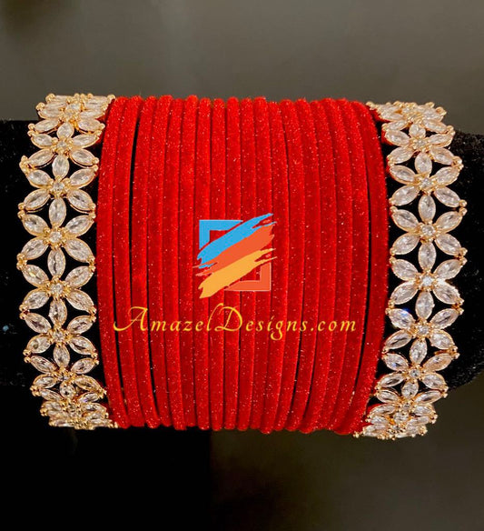 Red Velvet American Diamond AD Bangle Set