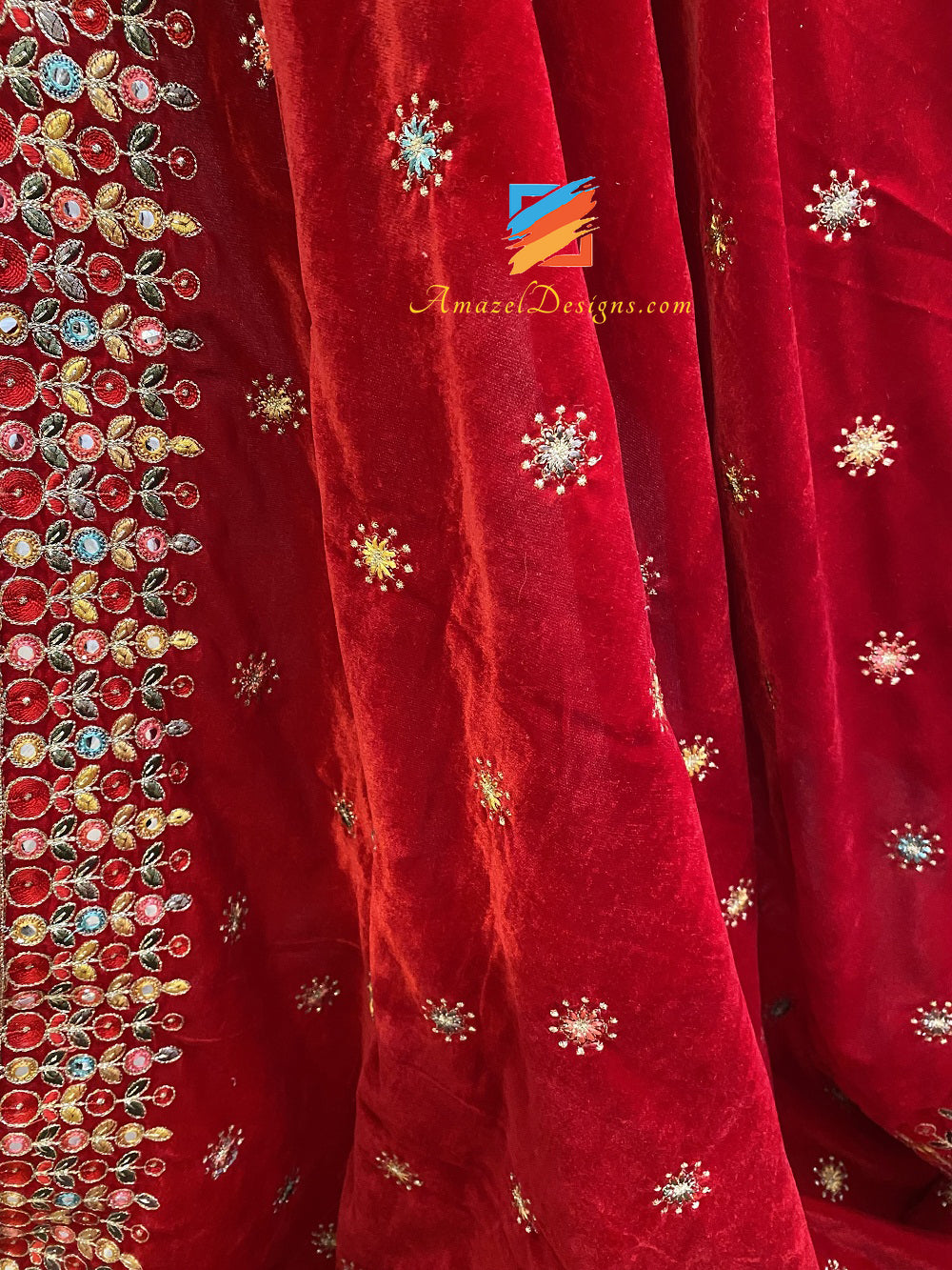Red Velvet Multicoloured Thread Mirror Tilla Work Shawl