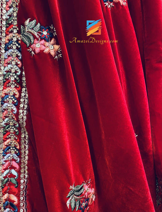 Red Velvet Multicoloured Thread Work Shawl