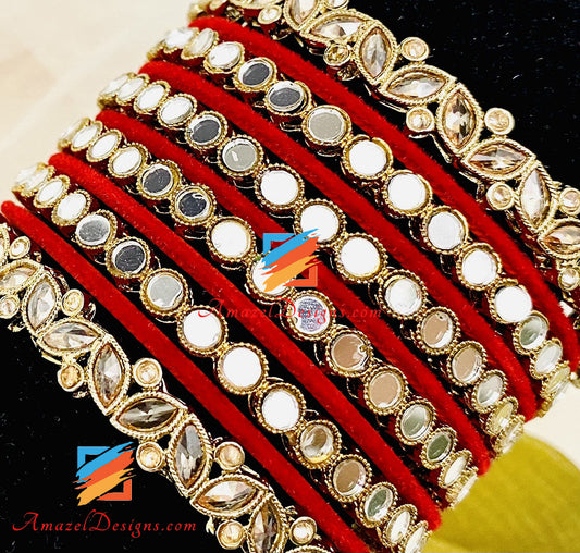 Red Velvet Sheesha Polki Bangles Set