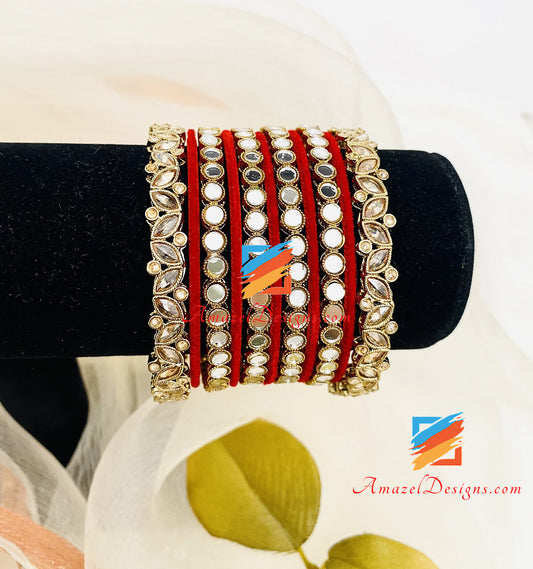 Red Velvet Sheesha Polki Bangles Set