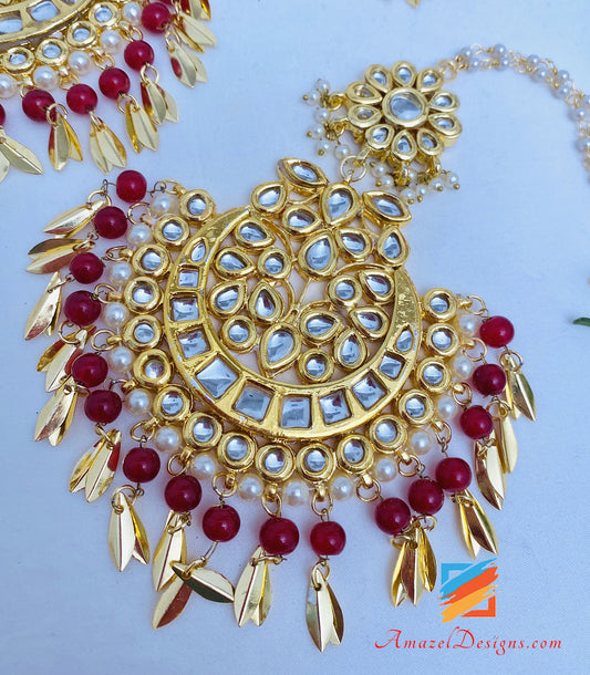 Redish Maroon Golden Kundan Oversized Earrings Tikka Set