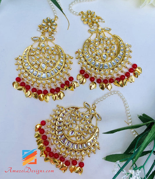 Rotbraunes goldenes Kundan-Übergröße-Ohrring-Tikka-Set 