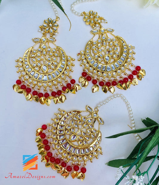 Redish Maroon Golden Kundan Oversized Earrings Tikka Set