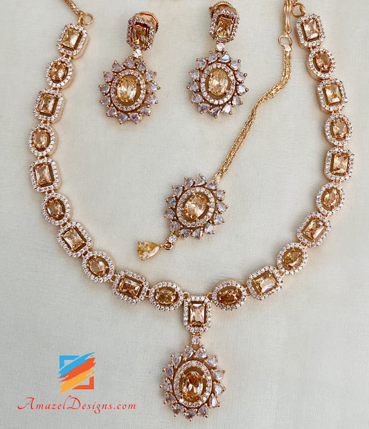 Rose Gold American Diamond Necklace Drop Earrings Tikka Set
