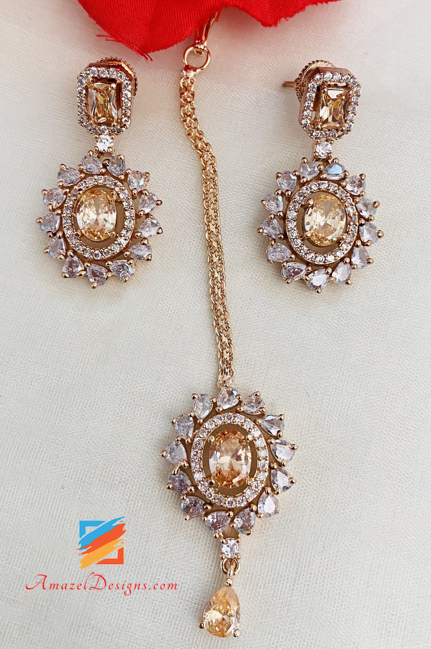 Rose Gold American Diamond Necklace Drop Earrings Tikka Set