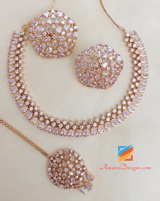 Rose Gold American Diamond Necklace Studs Tikka Set