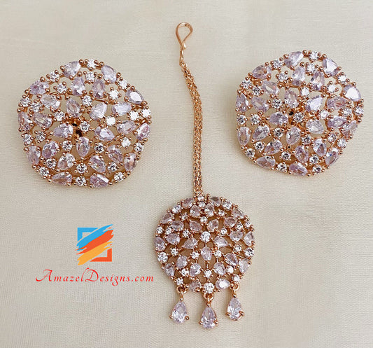 Rose Gold American Diamond Necklace Studs Tikka Set