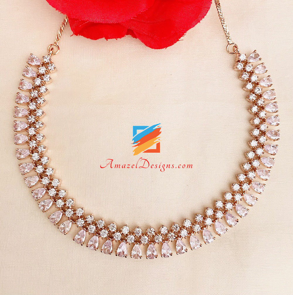Rose Gold American Diamond Necklace Studs Tikka Set