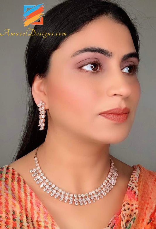 Rose Gold American Diamond (AD) Necklace Earrings Set