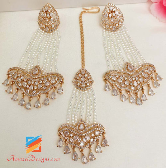 Rose Gold American Diamond (AD) Super Lightweight Earrings Tikka Set