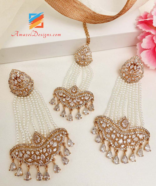 Rose Gold American Diamond (AD) Super Lightweight Earrings Tikka Set