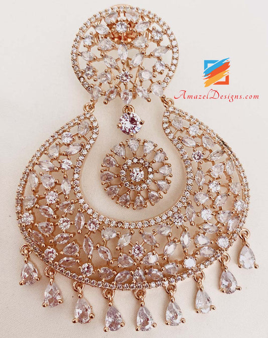 Rose Gold American Diamonds (AD) Earrings Tikka Set
