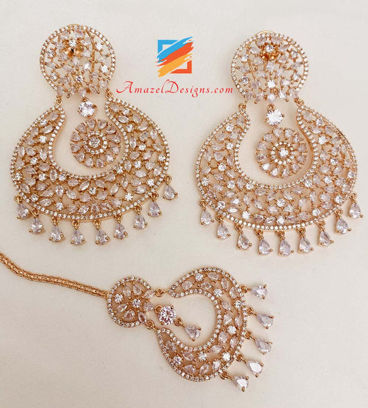Rose Gold American Diamonds (AD) Earrings Tikka Set