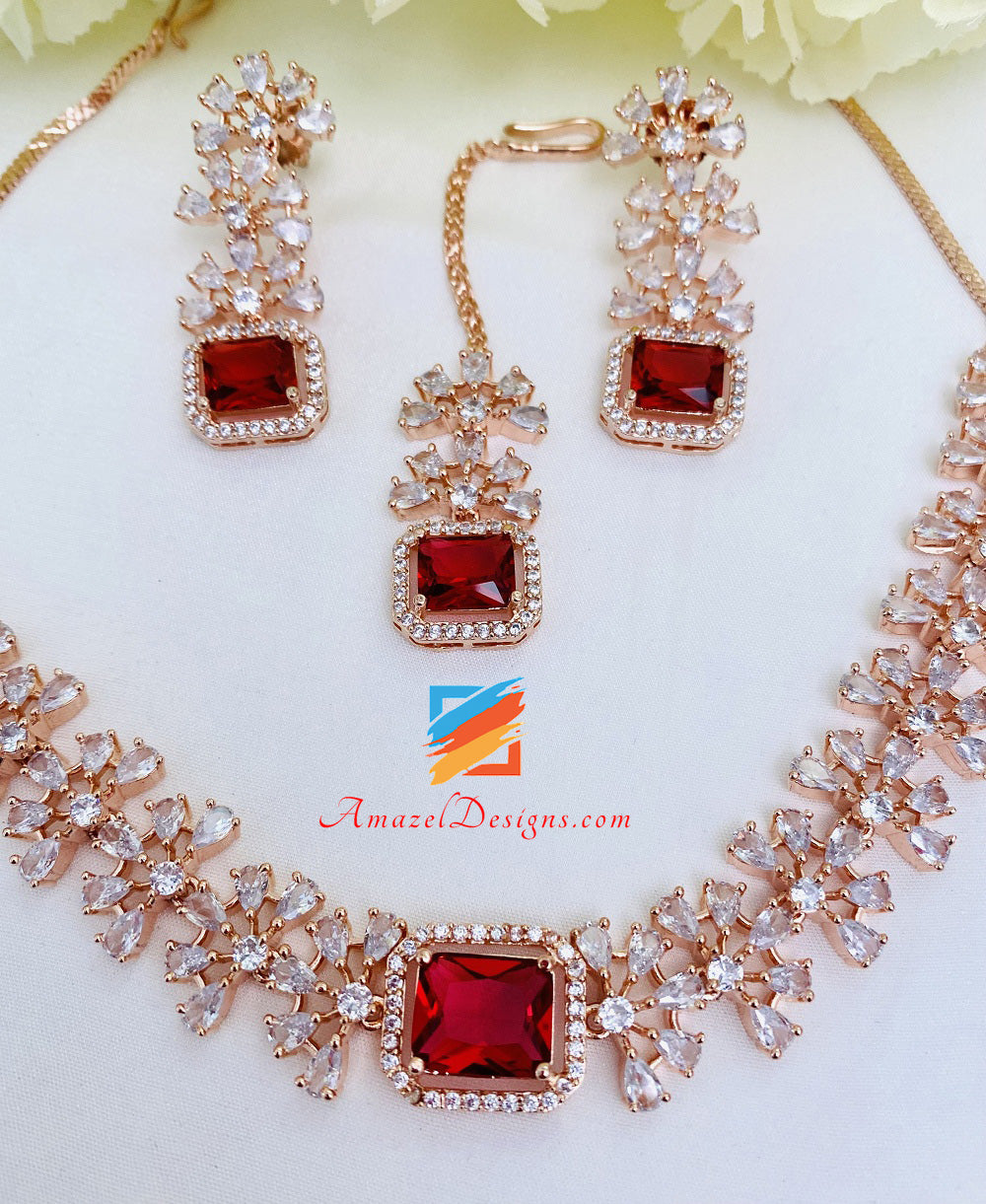 Rose Gold Ruby American Diamond Ad Necklace Earrings Tikka Set