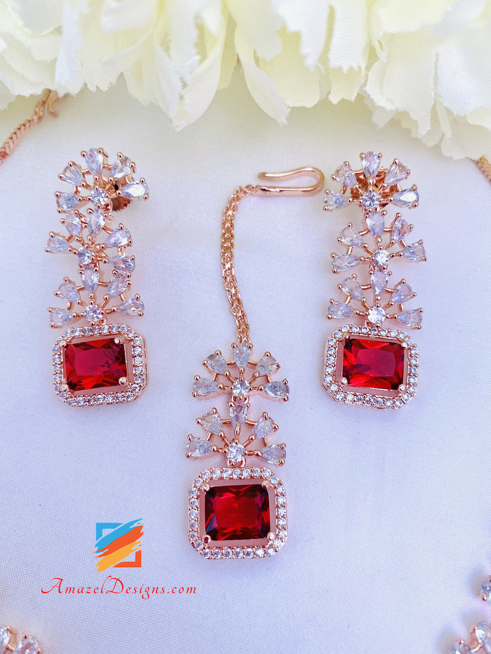 Rose Gold Ruby American Diamond Ad Necklace Earrings Tikka Set