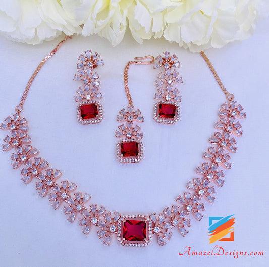 Rose Gold Ruby American Diamond Ad Necklace Earrings Tikka Set