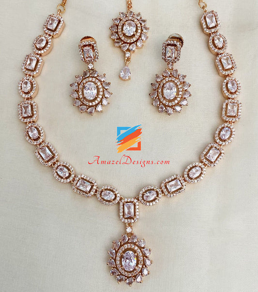 Rose Gold Silver American Diamond AD Necklace Earrings Tikka Set