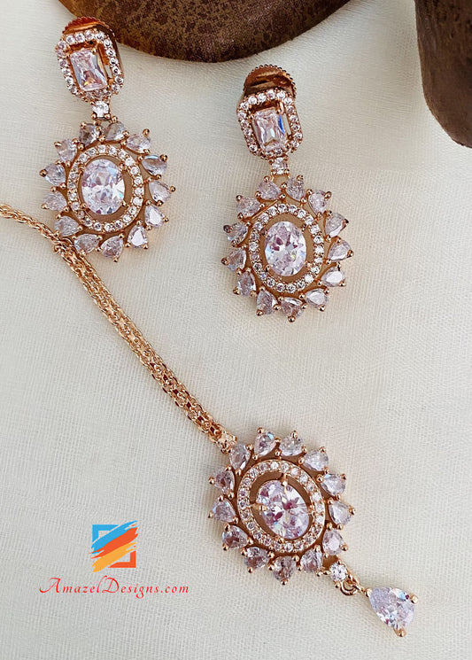 Roségold/Silber American Diamond AD Halskette Ohrringe Tikka Set 