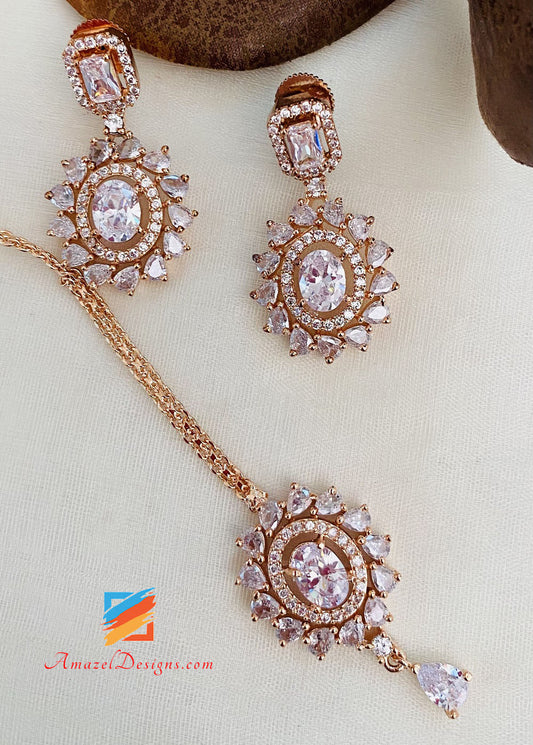 Rose Gold Silver American Diamond AD Necklace Earrings Tikka Set