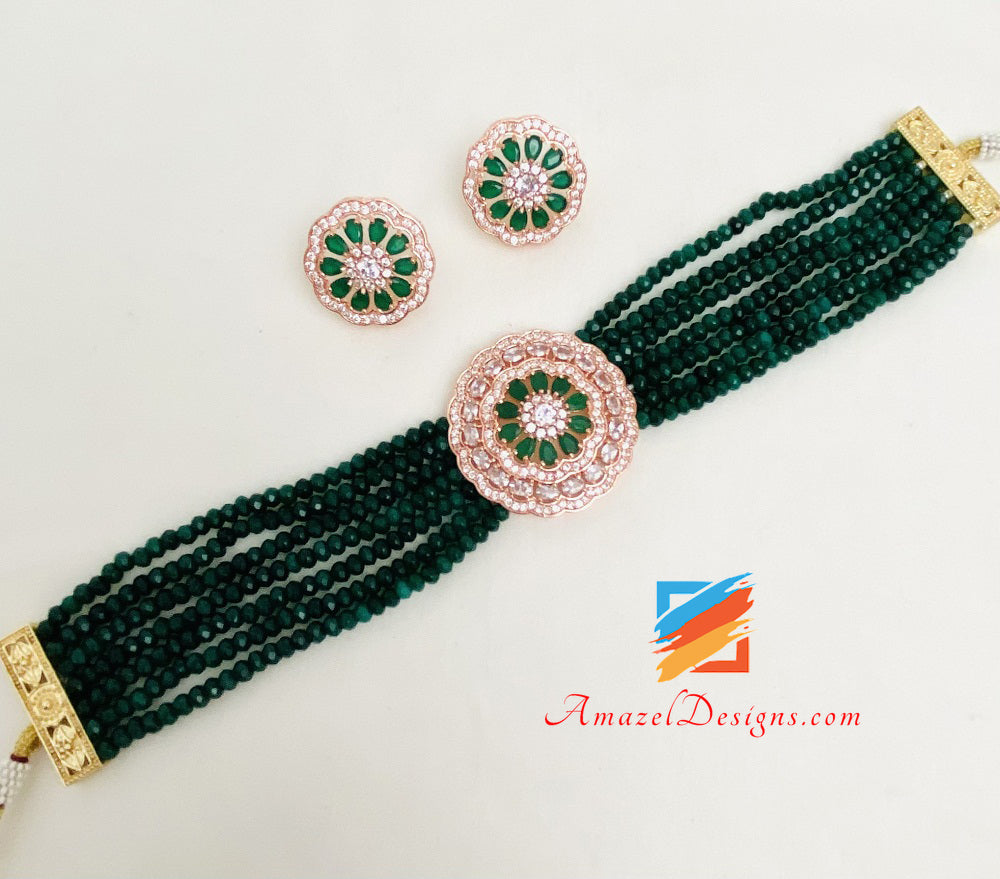 Rosegold American Diamond(AD) Flexible And Lightweight Green Choker Band With Studs