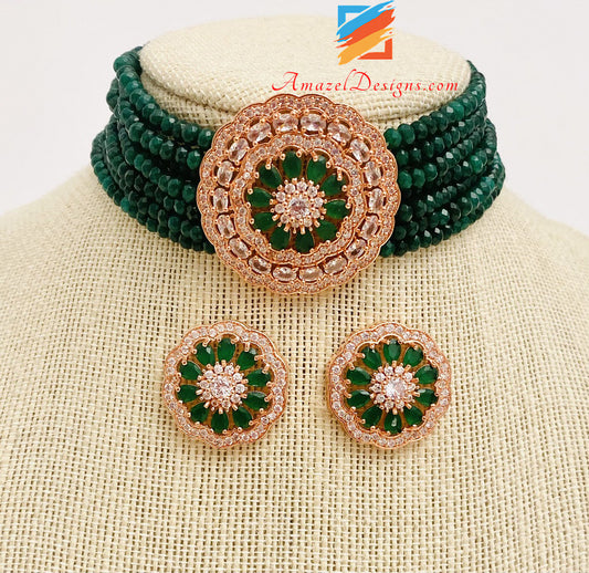 Rosegold American Diamond(AD) Flexible And Lightweight Green Choker Band With Studs