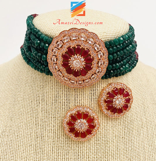 Rosegold American Diamond (AD) Maroon And Green Choker Band Necklace With Studs