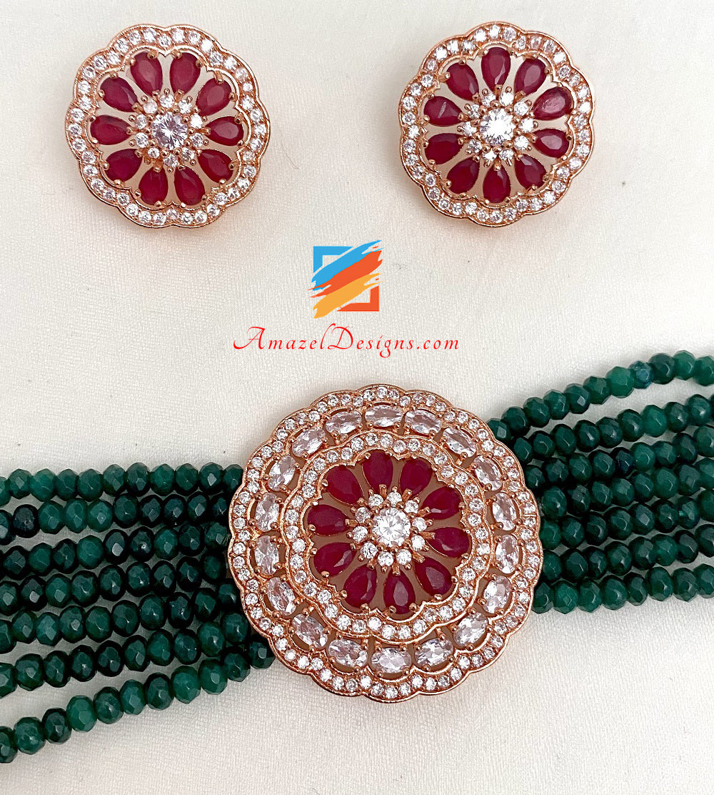 Rosegold American Diamond (AD) Maroon And Green Choker Band Necklace With Studs