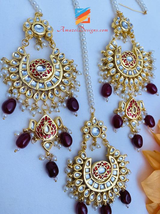 Rubino Maroon Kundan Chandbali Orecchini Set Tikka 