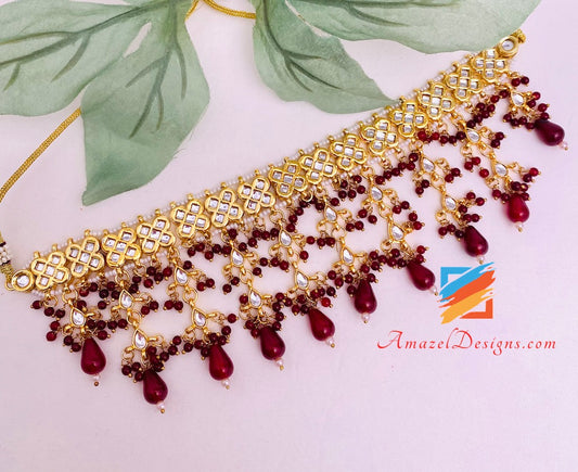 Rubin Maroon Kundan Flexible Halskette Ohrringe Tikka Set 