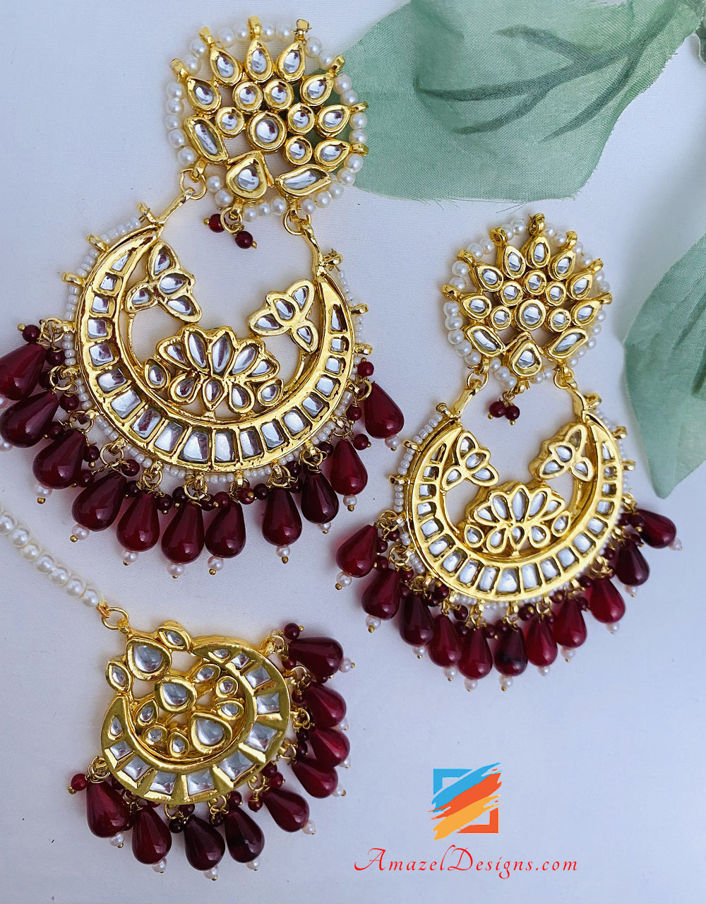 Ruby Maroon Kundan Flexible Necklace Earrings Tikka Set