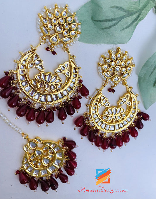 Rubin Maroon Kundan Flexible Halskette Ohrringe Tikka Set 