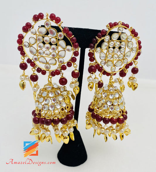 Ruby Maroon Kundan Leggero Pipal Patti Jhumki Orecchini Set Tikka Passa 