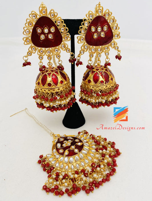 Ruby Maroon Kundan Maroon Jhumka Earrings Tikka Set