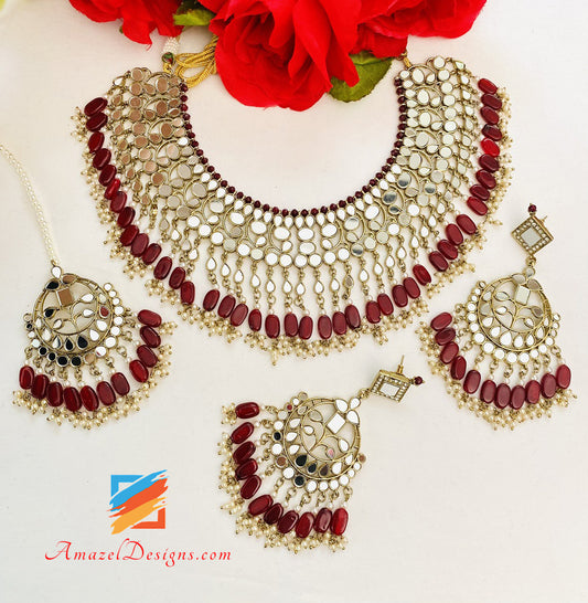 Ruby Maroon Mirror Lightweight Flexible Necklace Oversized Earrings Tikka Set