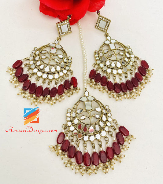 Ruby Maroon Mirror Lightweight Flexible Necklace Oversized Earrings Tikka Set