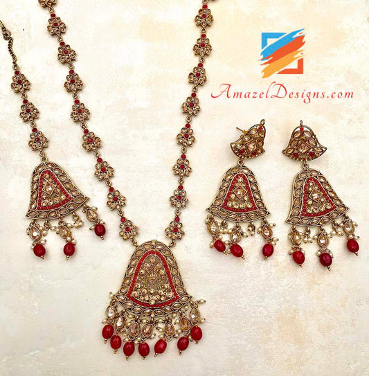 Ruby Polki Long Mala Earrings Tikka Set