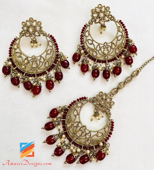 Ruby Polki Long Mala Orecchini Set Tikka 