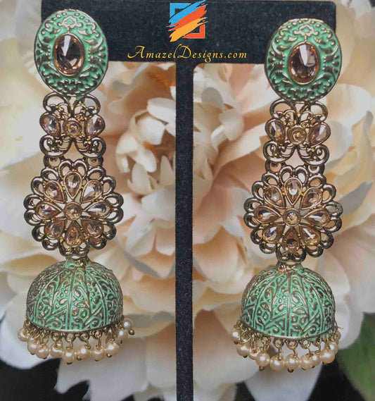 Seagreen Painted Polki Lightweight Jhumki Earrings