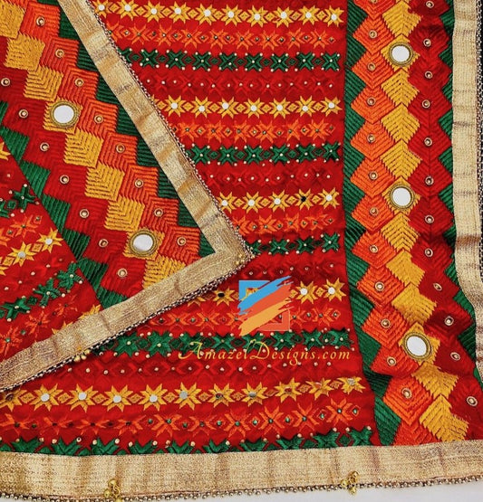 Sheesha Kundan Multicoloured Fulkari with Border and Ghungroo