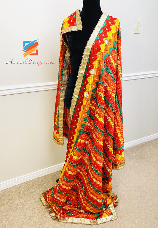 Sheesha Kundan Multicoloured Fulkari with Border and Ghungroo