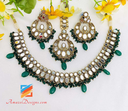 Sheesha Lightweight Green Emerald Necklace/Choker Earrings Tikka Set