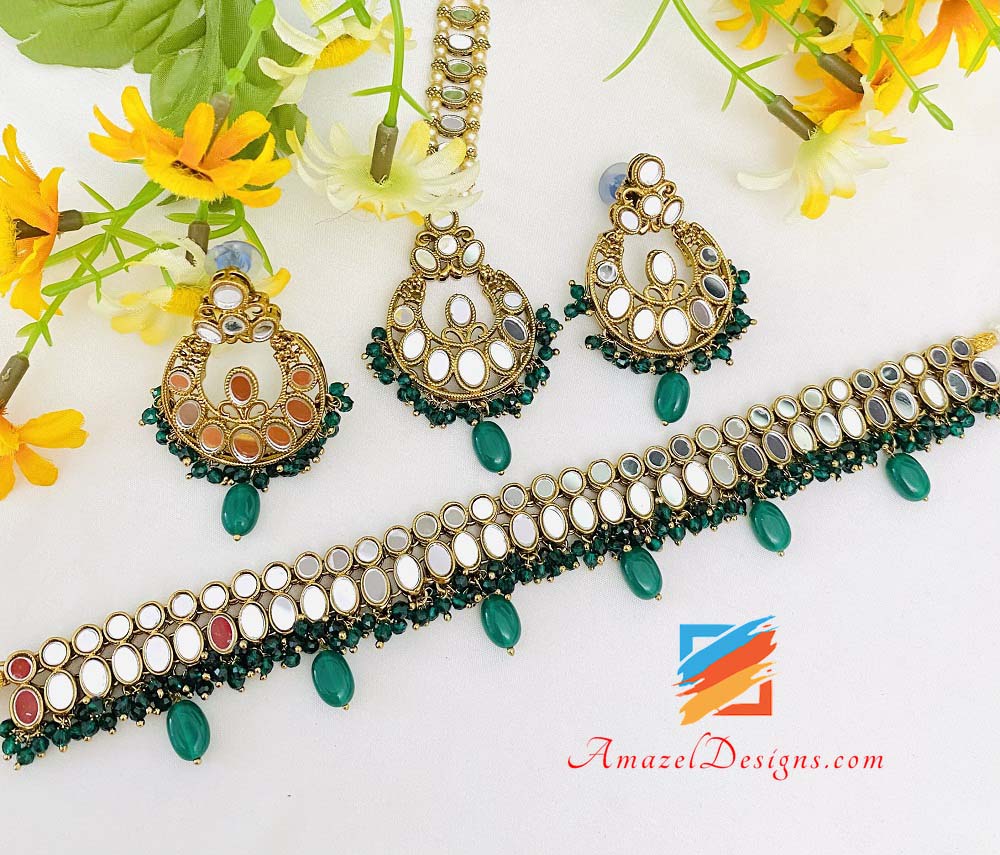 Sheesha Lightweight Green Emerald Necklace/Choker Earrings Tikka Set