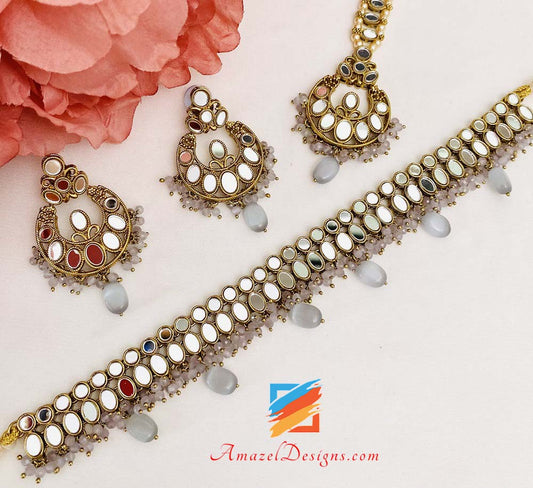 Sheesha Lightweight Grey Necklace/Choker Earrings Tikka Set