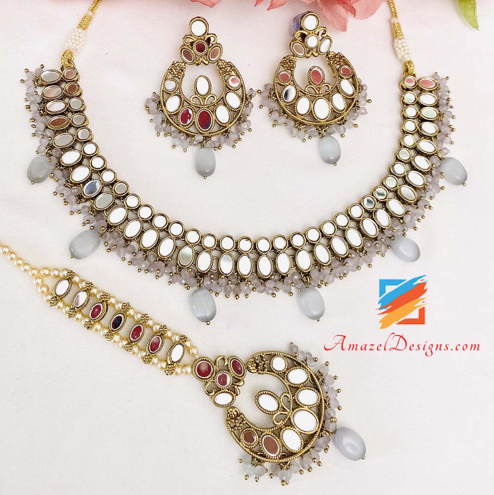 Sheesha Lightweight Grey Necklace/Choker Earrings Tikka Set