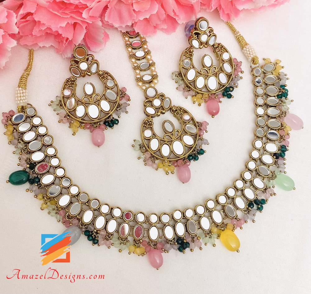 Sheesha Lightweight Multicoloured Necklace/Choker Earrings Tikka Set