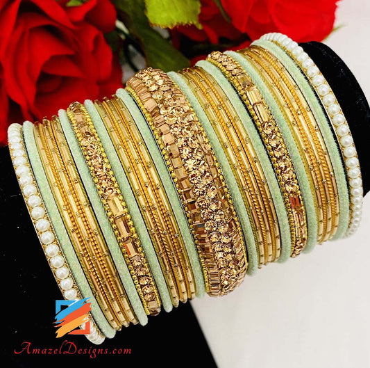 Mint Shiny Kundan Bangle Set