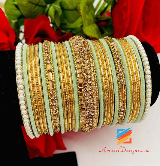 Mint Shiny Kundan Bangle Set