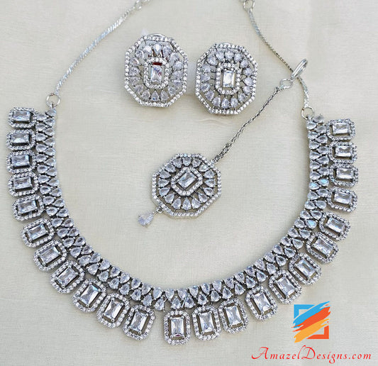 Silver American Diamond AD Necklace Studs Earrings Tikka Set